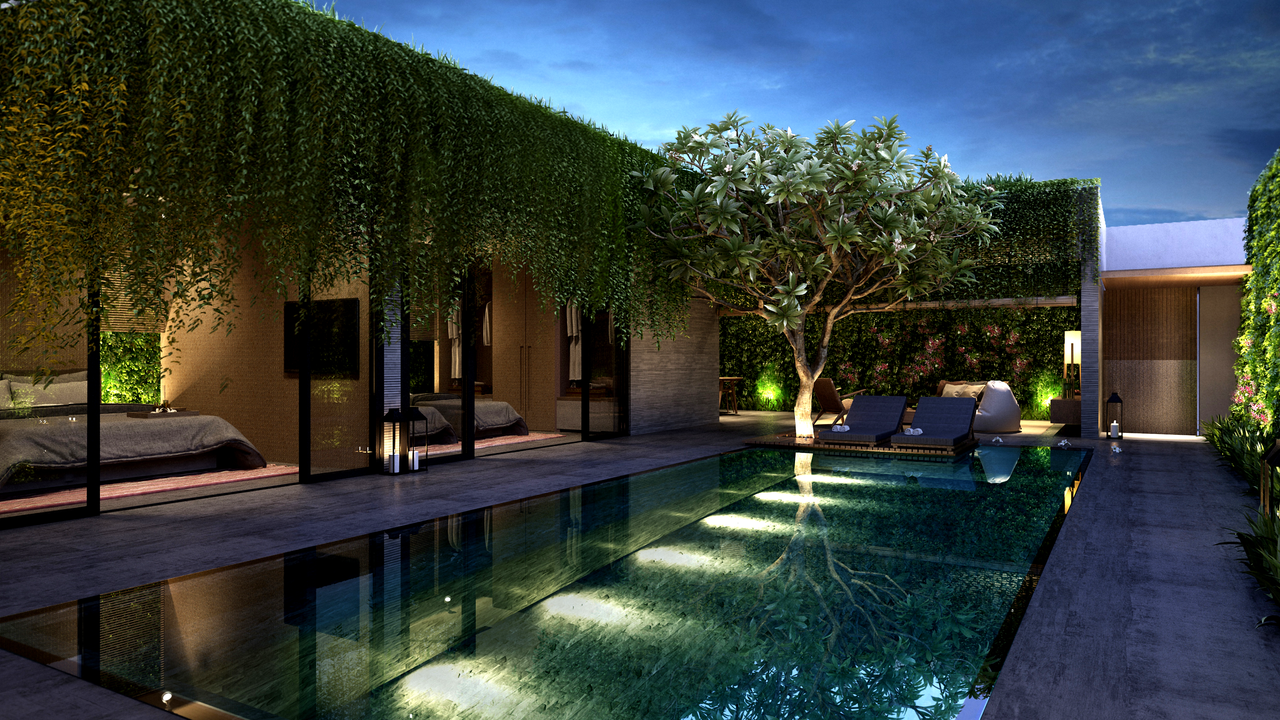 Chic outdoor pool area with lush greenery and modern architecture in a serene setting.